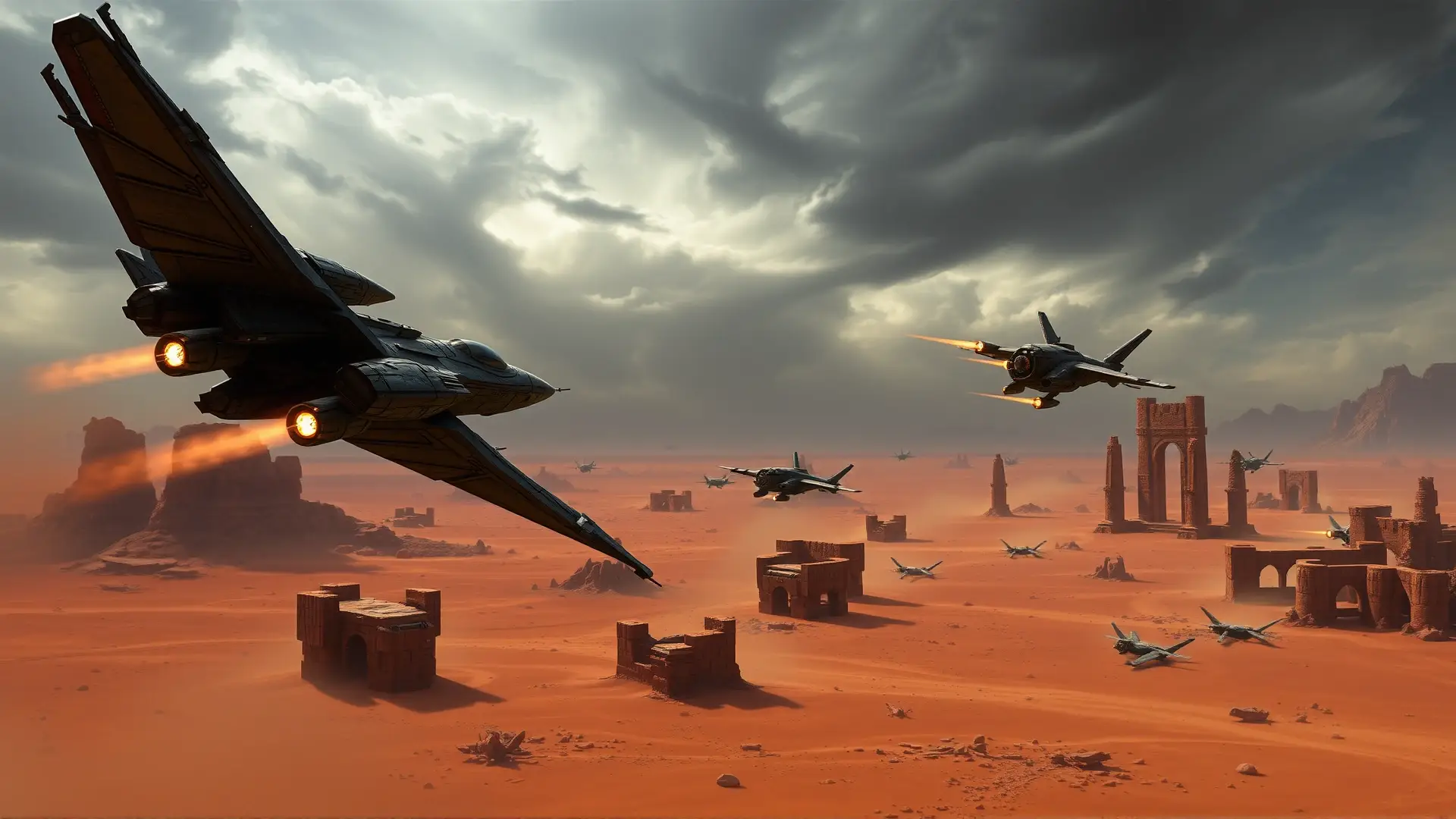 Naves góticas combaten sobre un desierto alienígena