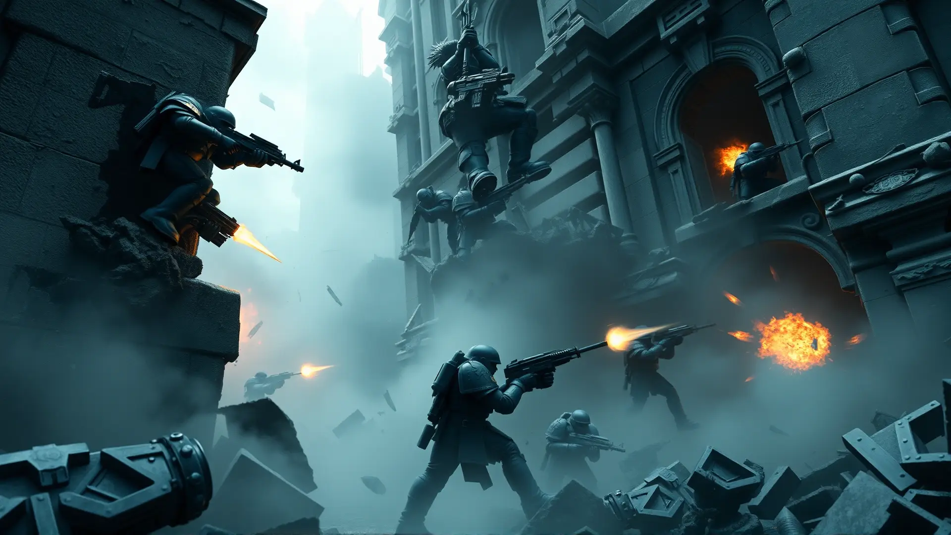 Marines espaciales luchan en ruinas apocalípticas