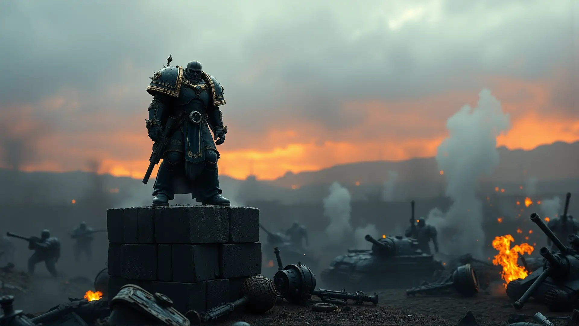 Marine espacial solitario en campo de batalla devastado