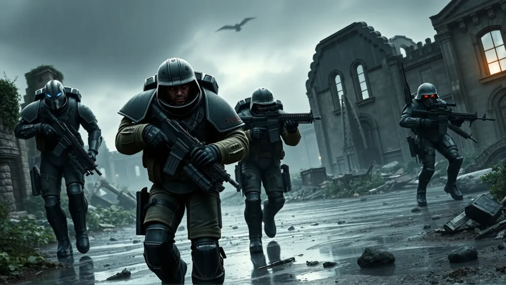 Soldados futuristas avanzan en ciudad destruida