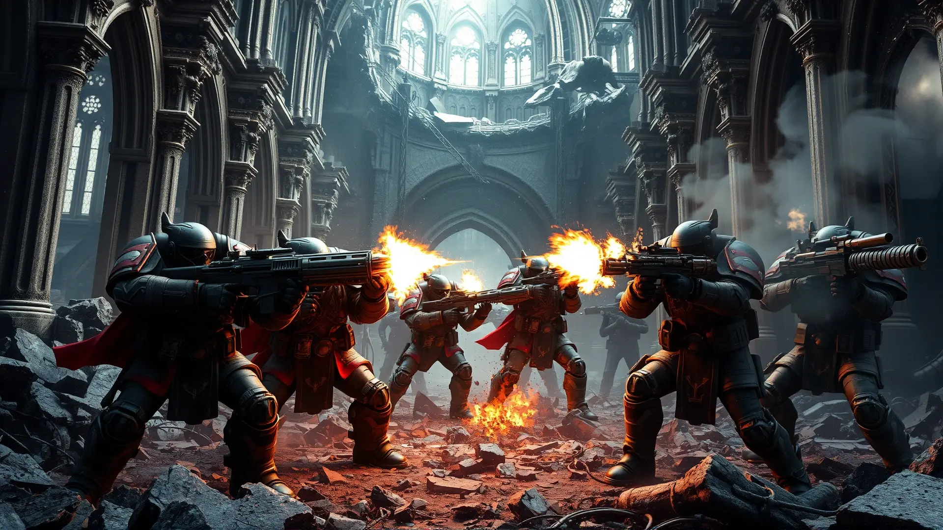 Soldados futuristas combaten en ruinas devastadas