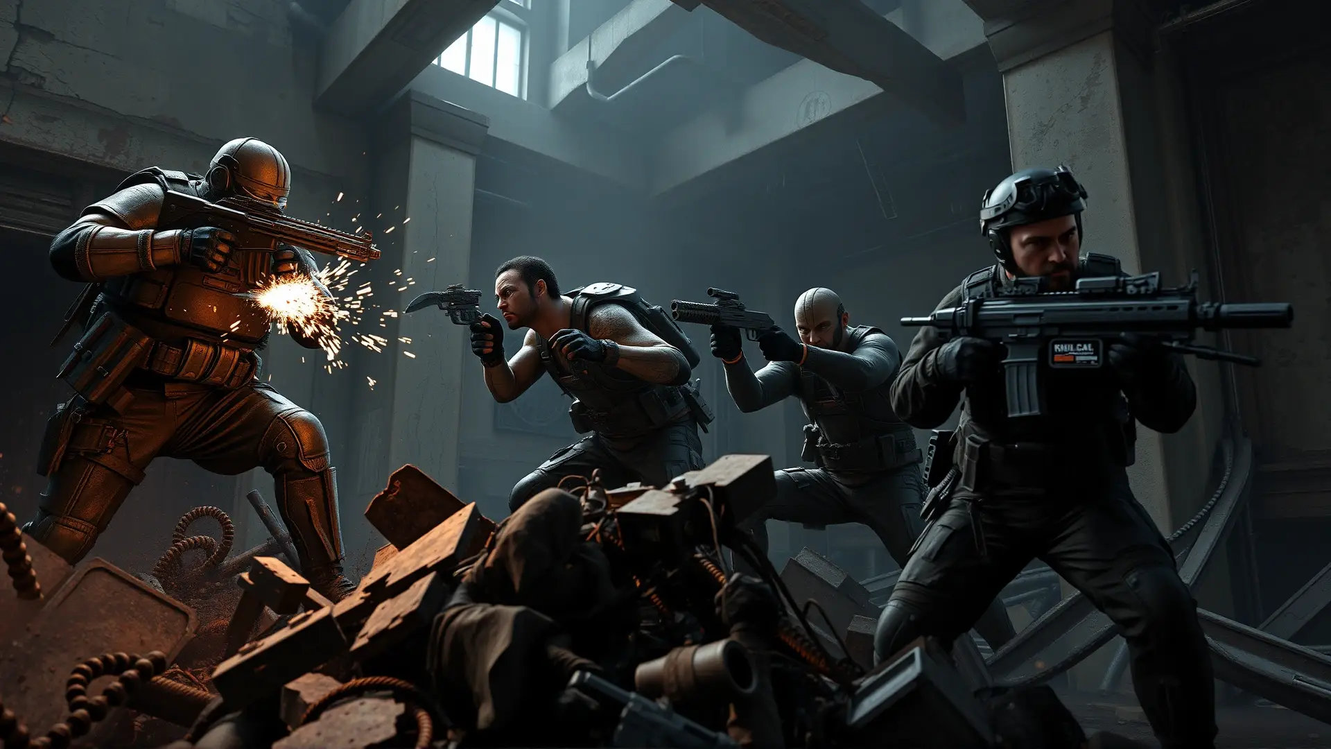 Cuatro soldados luchan en ruinas oscuras